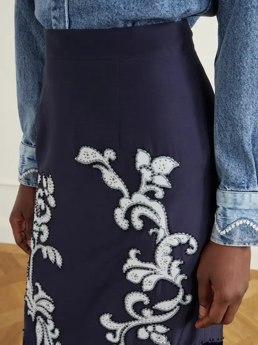 ALÉMAIS Dillon Crystal And Bead-embellished Fringed Appliquéd Satin Midi Skirt | Thumbnail 5 ALÉMAIS Dillon Crystal And Bead-embellished Fringed Appliquéd Satin Midi Skirt | Thumbnail 5