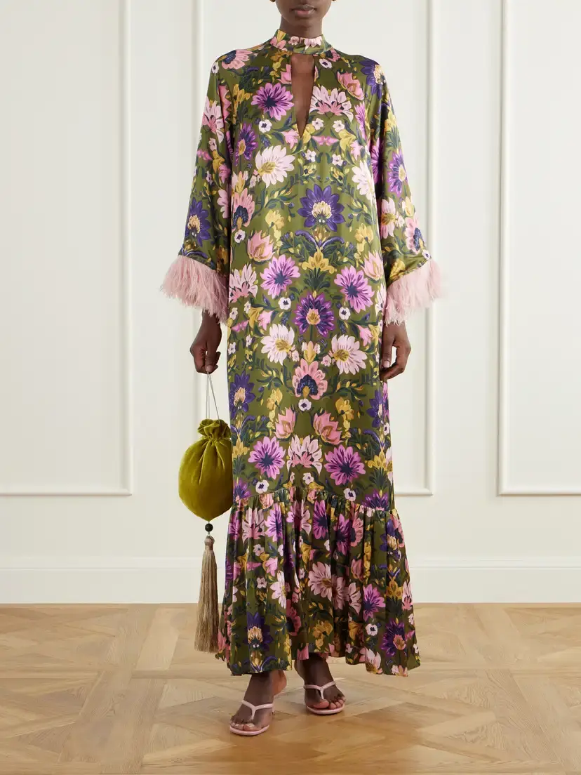 Borgo de Nor Avalon Feather-trimmed Printed Satin Maxi Dress | Thumbnail 2