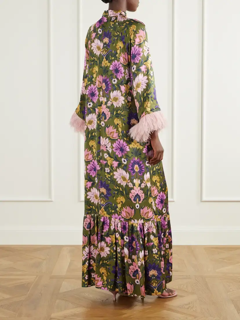 Borgo de Nor Avalon Feather-trimmed Printed Satin Maxi Dress | Thumbnail 3