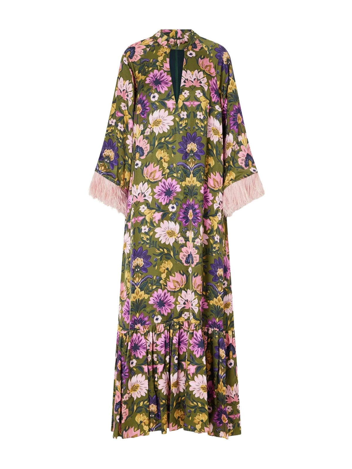 Avalon Feather-trimmed Printed Satin Maxi Dress