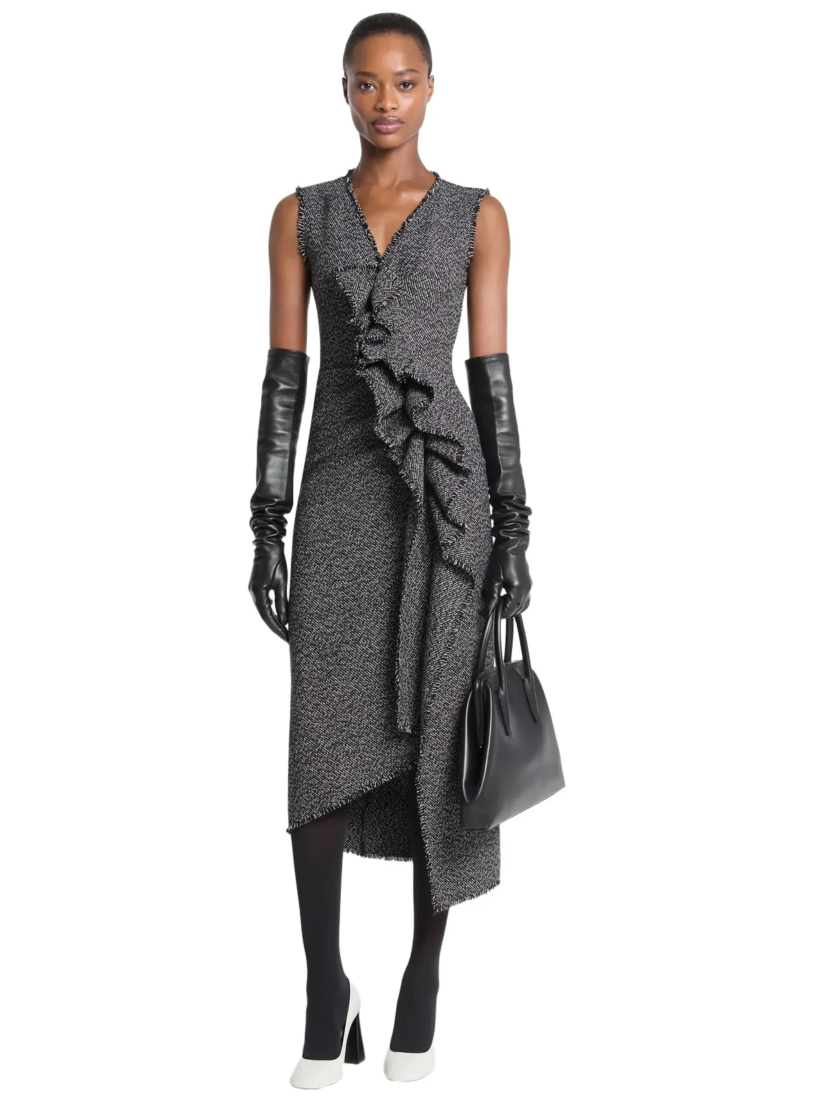 Frayed Crosshatch Tweed Sheath Dress in Black Frayed Crosshatch Tweed Sheath Dress in Black