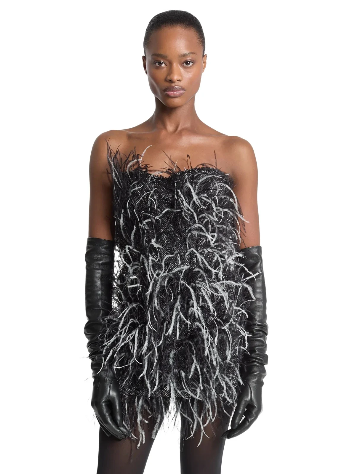 Hand-Embroidered Feather Tweed Dress in Black Hand-Embroidered Feather Tweed Dress in Black