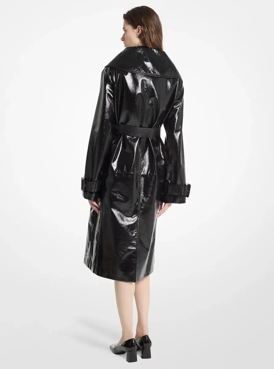 Michael Kors Collection Crackled Leather Portrait Collar Trench Coat in Black | Thumbnail 2
