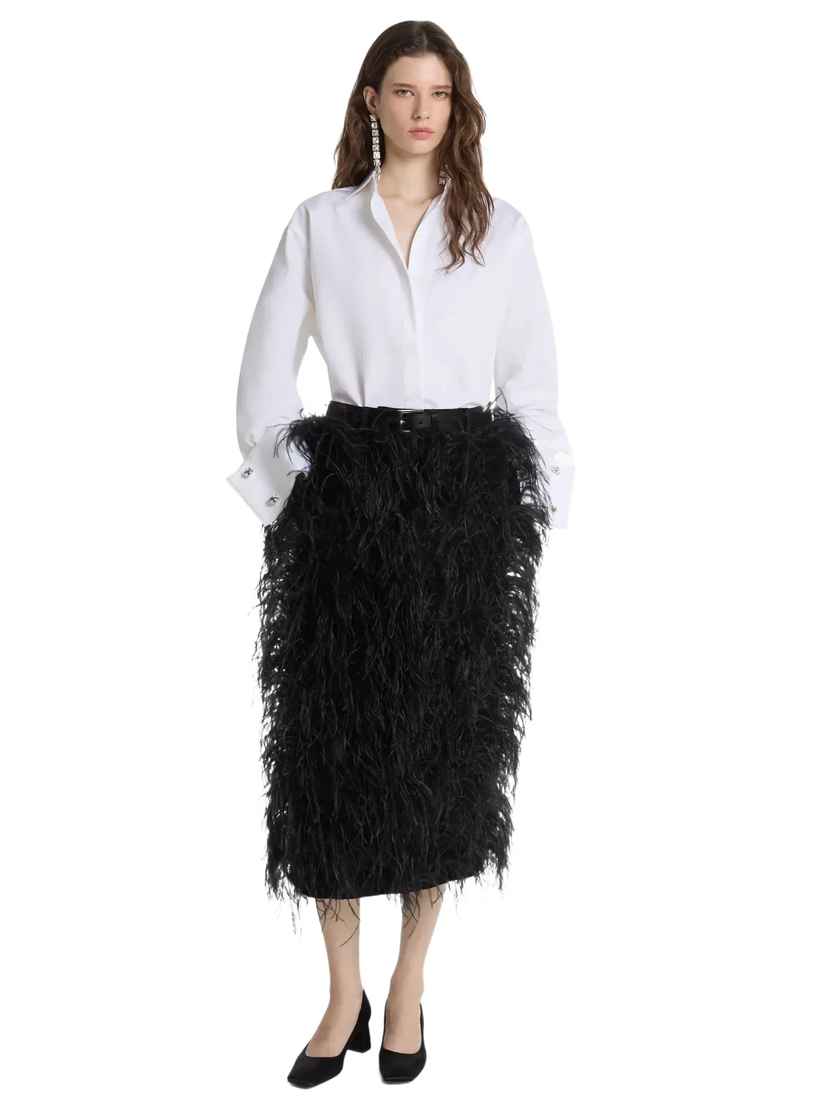Michael Kors Collection Hand-Embroidered Feather Wool Gabardine Trouser Skirt in Black