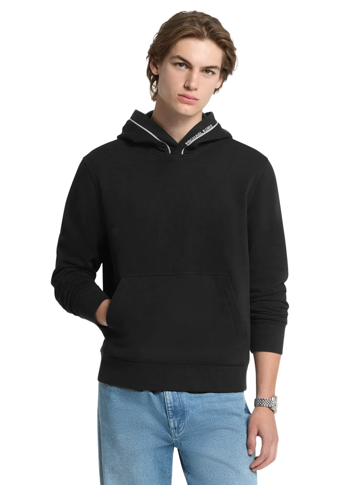 Michael Kors Collection Logo Trim Cotton Blend Terry Hoodie in Black