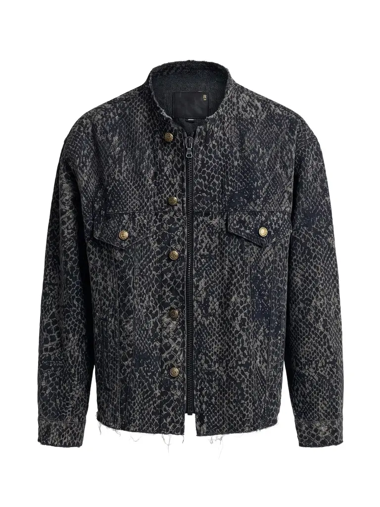 Snake Jacquard Collarless Zip-Up Trucker Jacket Snake Jacquard Collarless Zip-Up Trucker Jacket