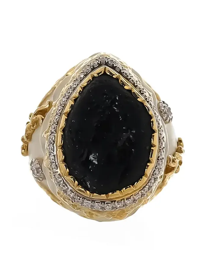 Black Tourmaline Diamond White Enamel Ring