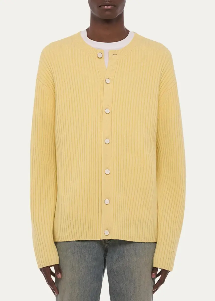 Helmut Lang Men's Wool Ribbed Crewneck Cardigan | Thumbnail 4
