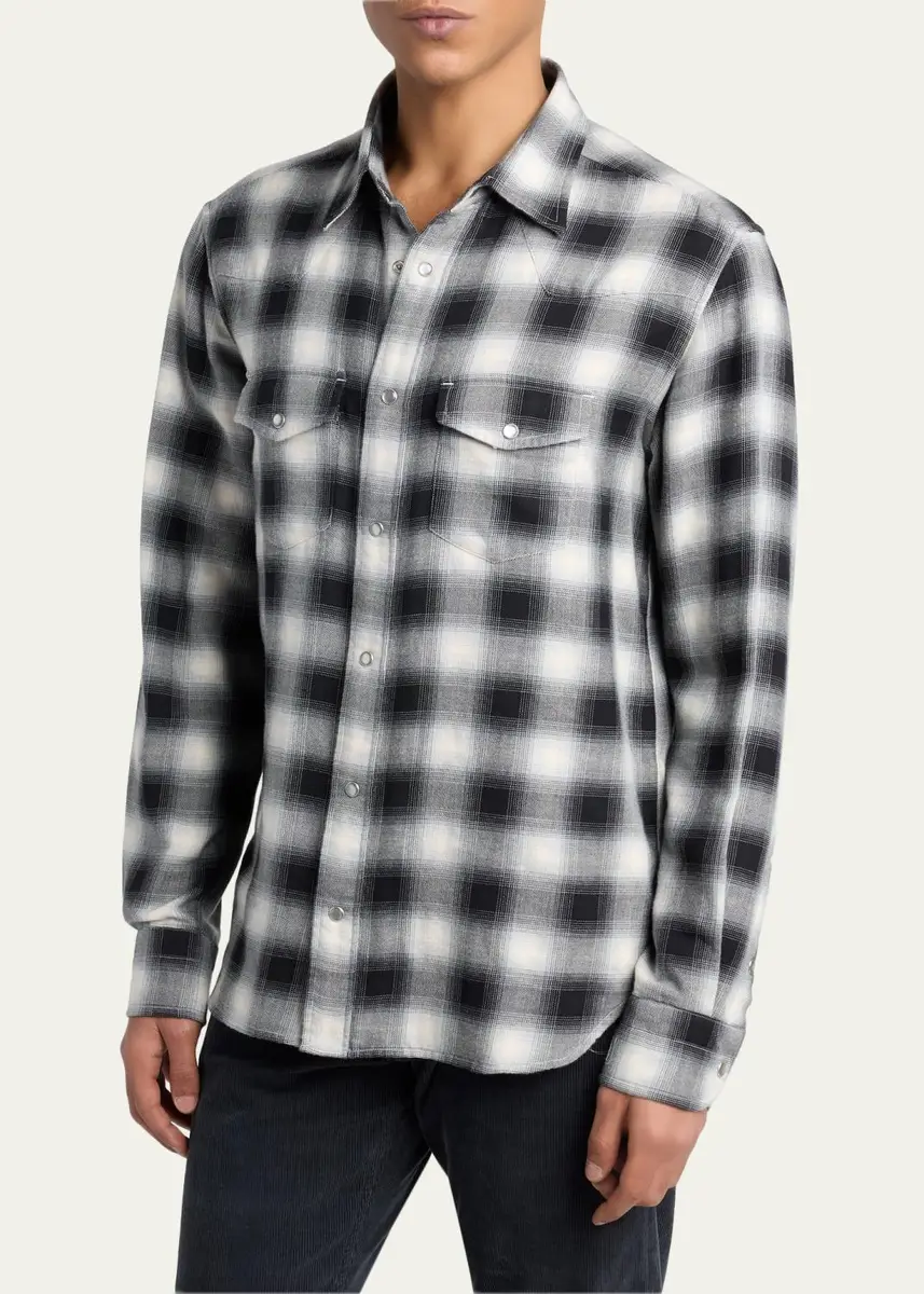 Tom Ford Men's Cotton and Cashmere Check Snap-Front Western Shirt | Thumbnail 4