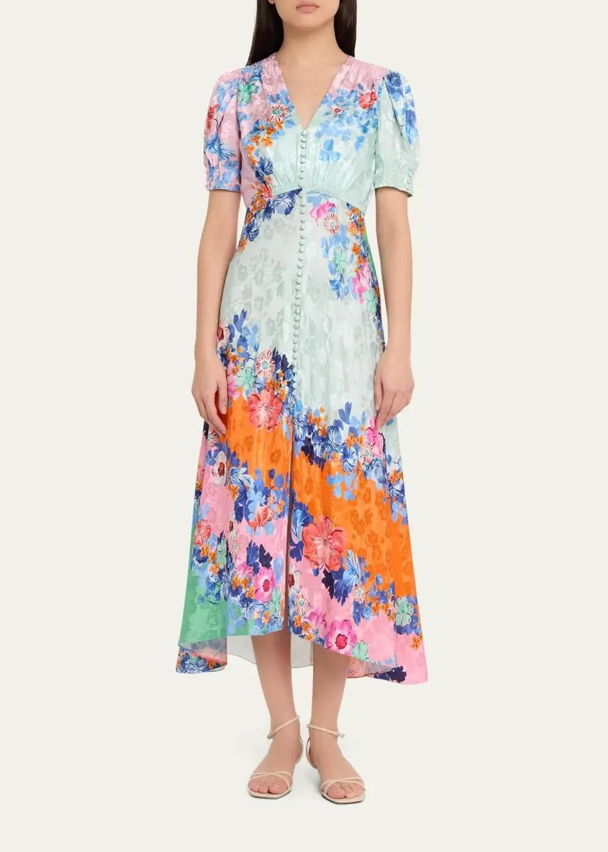 Saloni Lea Floral Silk Jacquard Button-Front Midi Dress | Thumbnail 2 Saloni Lea Floral Silk Jacquard Button-Front Midi Dress | Thumbnail 2