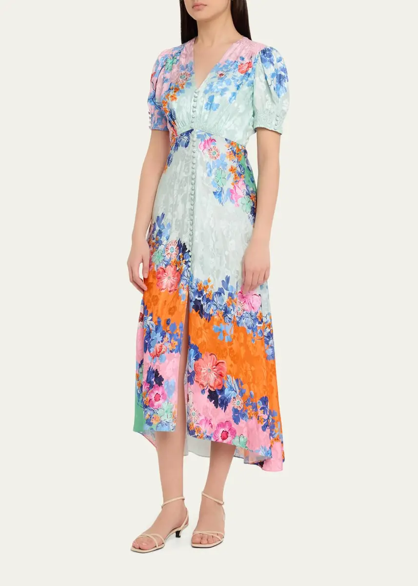 Saloni Lea Floral Silk Jacquard Button-Front Midi Dress | Thumbnail 4 Saloni Lea Floral Silk Jacquard Button-Front Midi Dress | Thumbnail 4