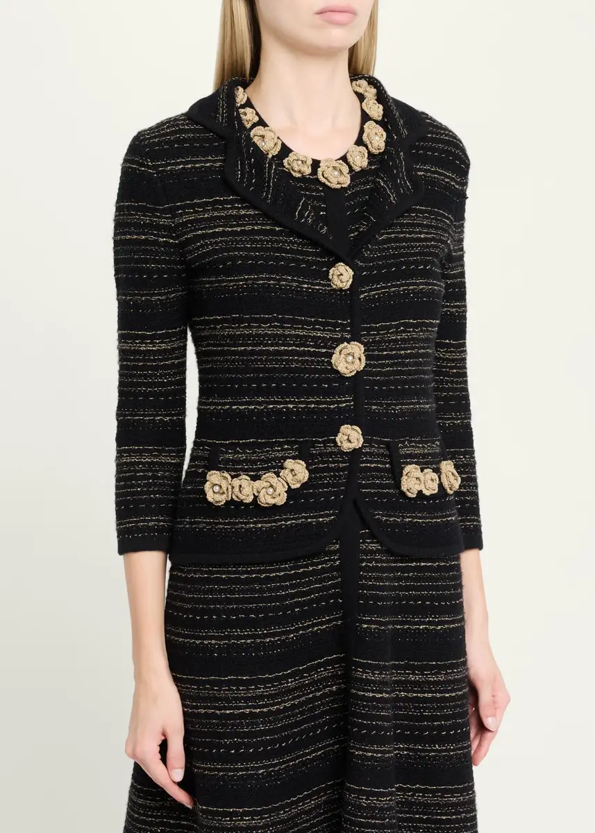 Rickie Freeman for Teri Jon Crochet Floral Applique Striped Knit Jacket | Thumbnail 4