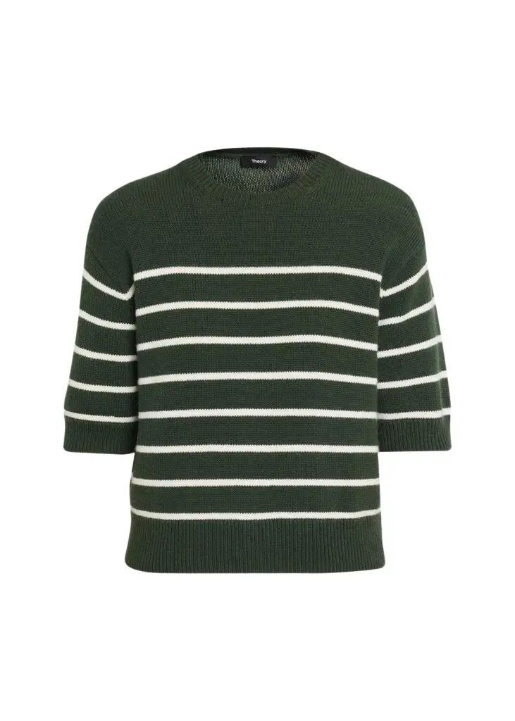 Theory Striped Cashmere Crop Short-Sleeve Sweater