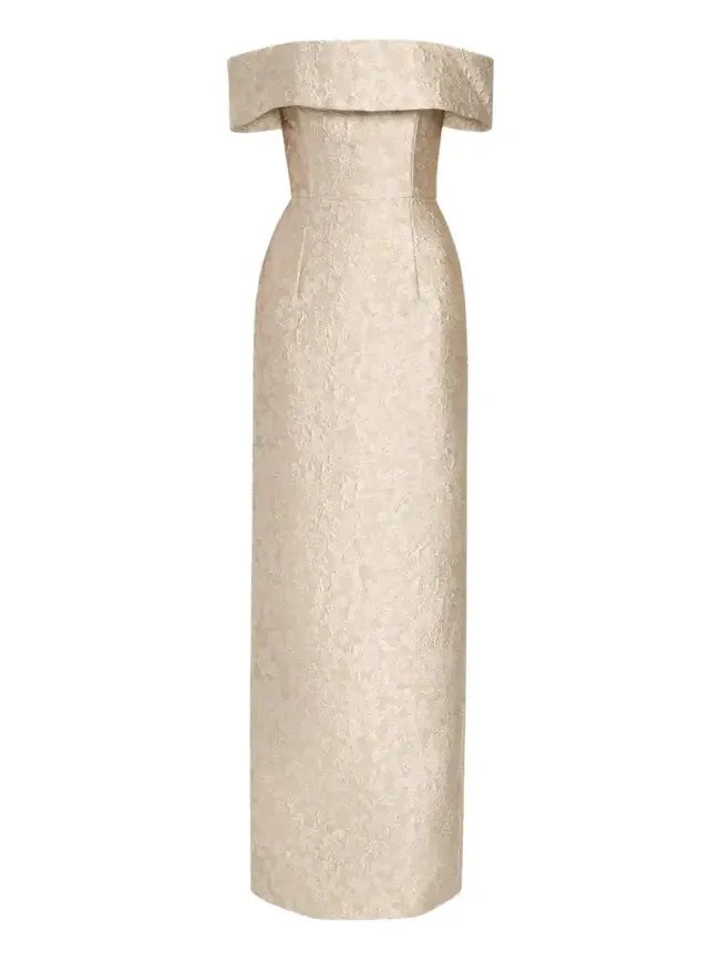 Markarian Clover Metallic Floral Jacquard Off-The-Shoulder Column Gown