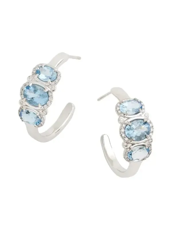 18K White Gold 3-Stone Aquamarine and Diamond Hoop Earrings