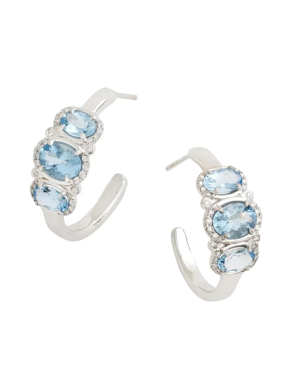 18K White Gold 3-Stone Aquamarine and Diamond Hoop Earrings 18K White Gold 3-Stone Aquamarine and Diamond Hoop Earrings