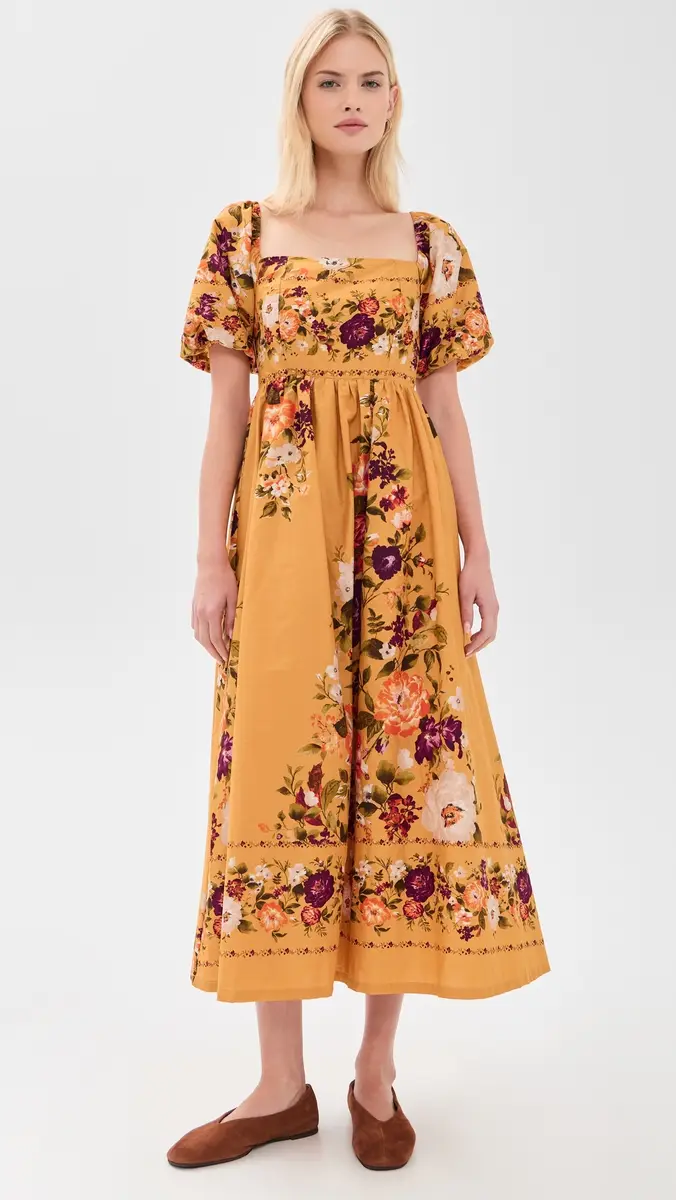 Moon River Puff Sleeve Square Neck Midi Dress | Thumbnail 2