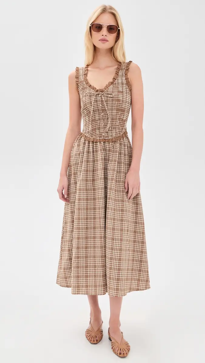 Moon River Smocked Lace Insert Midi Dress | Thumbnail 2 Moon River Smocked Lace Insert Midi Dress | Thumbnail 2