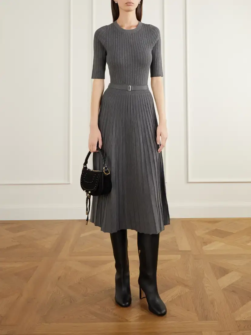 Veronica Beard Elthea Belted Pleated Ribbed-knit Midi Dress | Thumbnail 2