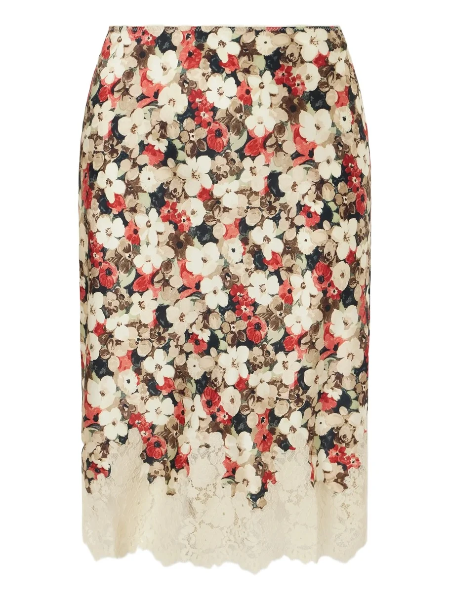 Elowette Floral-print Lace-trimmed Silk-satin Midi Skirt