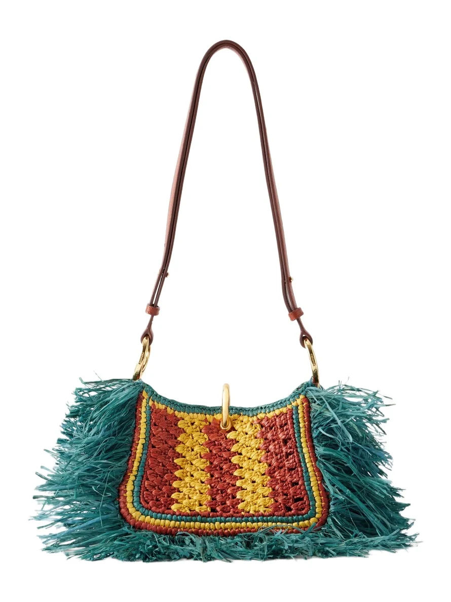 Rabanne Leather-trimmed Fringed Raffia Shoulder Bag