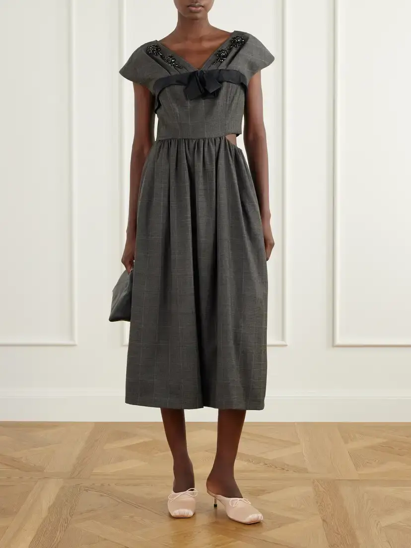 Simone Rocha Embellished Gathered Prince Of Wales Checked Wool-blend Midi Dress | Thumbnail 2