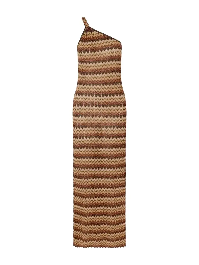Faithfull Naia One-shoulder Striped Metallic Crochet-knit Maxi Dress