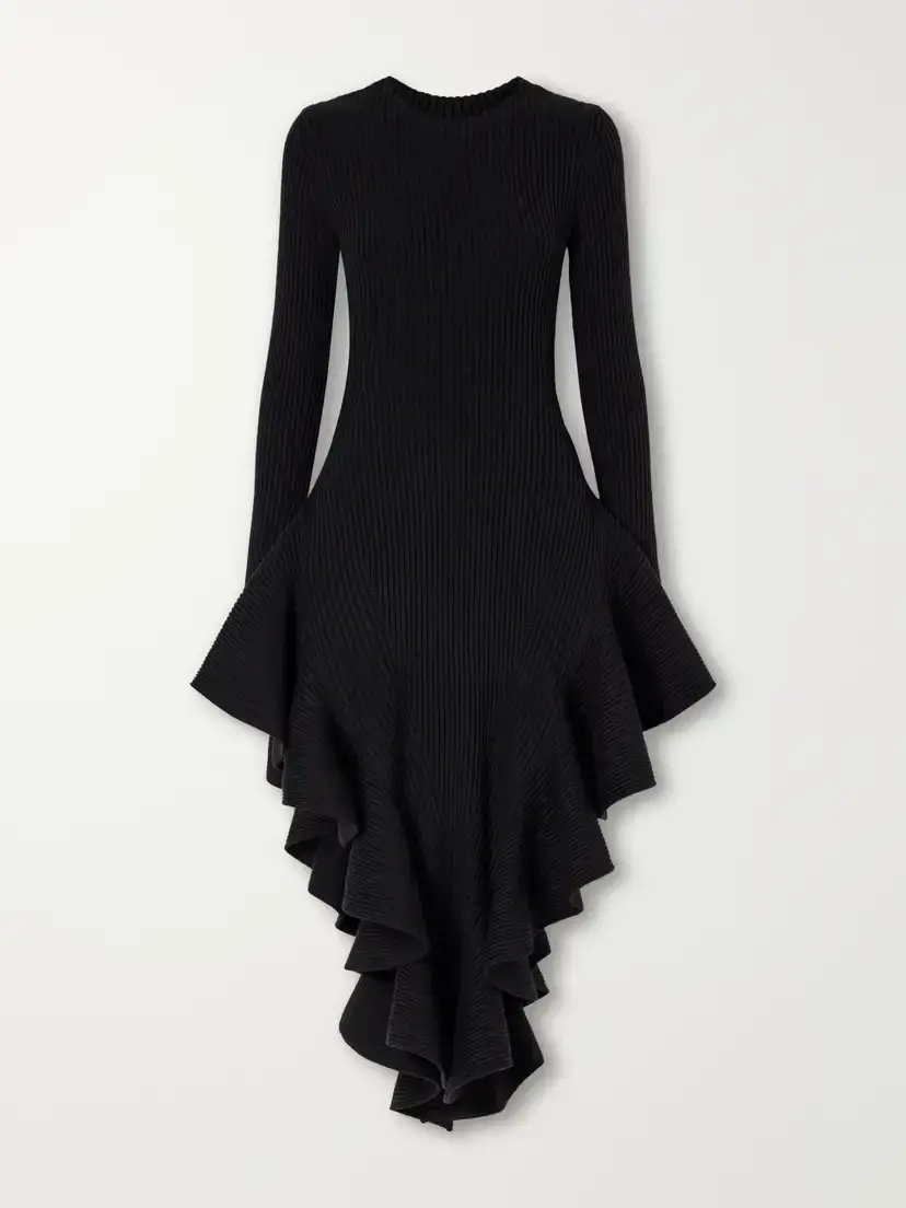 Alaïa Asymmetric Ruffled Ribbed Wool-blend Midi Dress | Thumbnail 2 Alaïa Asymmetric Ruffled Ribbed Wool-blend Midi Dress | Thumbnail 2