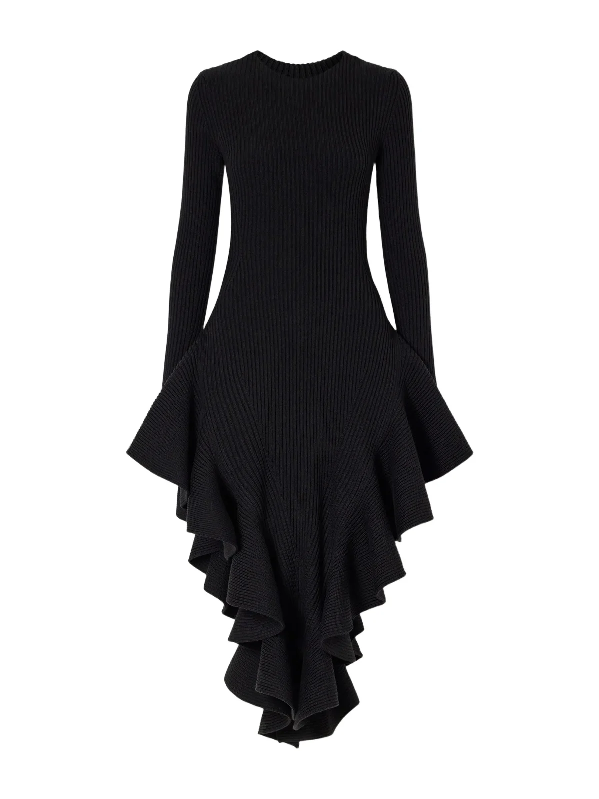 Asymmetric Ruffled Ribbed Wool-blend Midi Dress Asymmetric Ruffled Ribbed Wool-blend Midi Dress