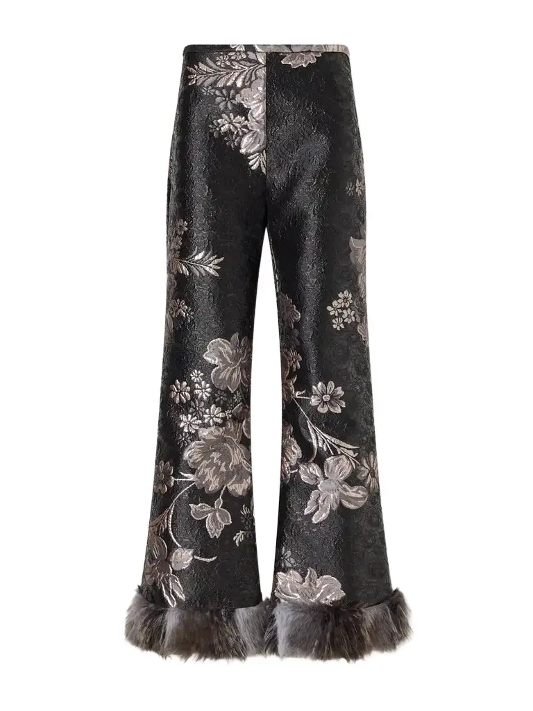 ANNA SUI Plush-trimmed Arcadia Brocade Flared Pants