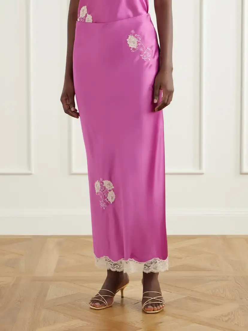 ANNA SUI Lace-trimmed Embroidered Satin Maxi Skirt | Thumbnail 3 ANNA SUI Lace-trimmed Embroidered Satin Maxi Skirt | Thumbnail 3