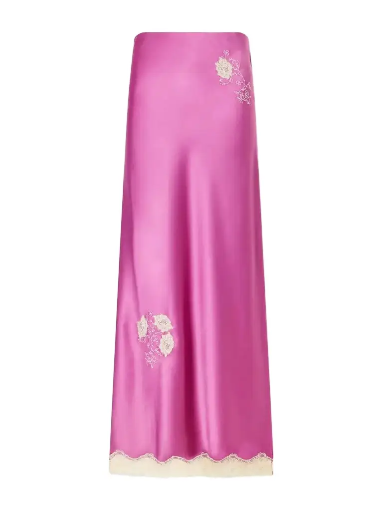 ANNA SUI Lace-trimmed Embroidered Satin Maxi Skirt