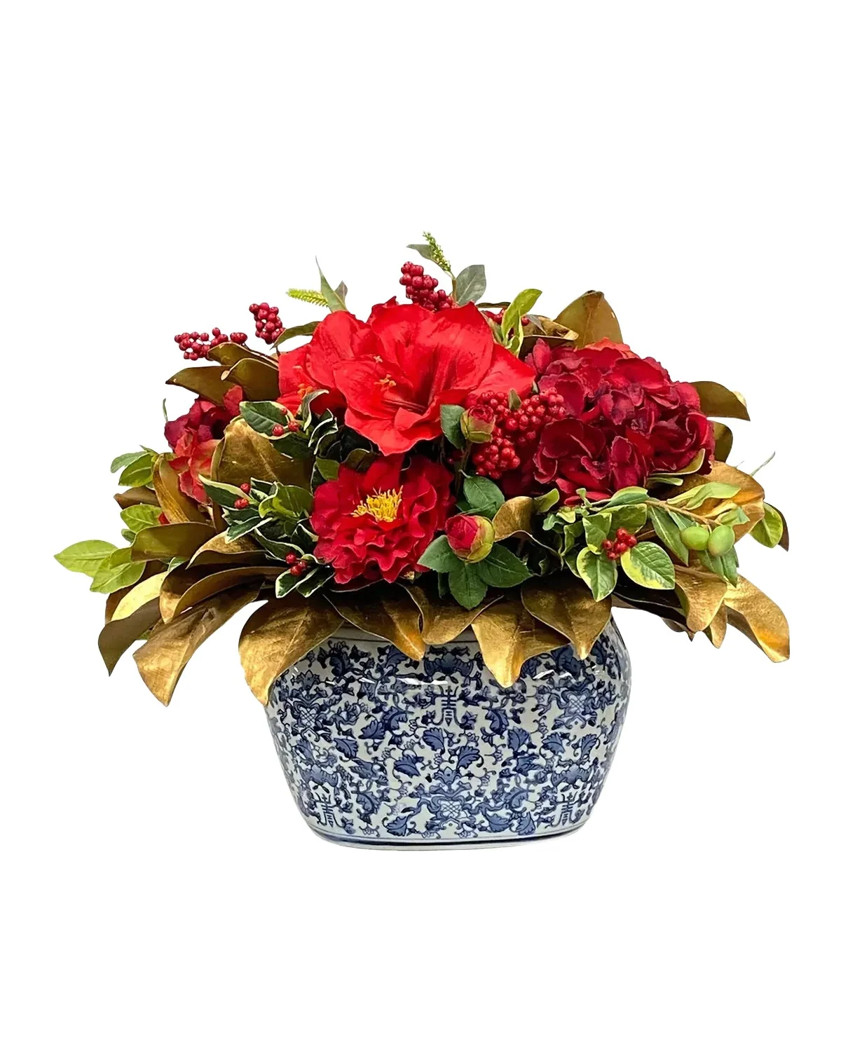 Winward Home Faux Amaryllis Holly Floral Arrangement in Planter