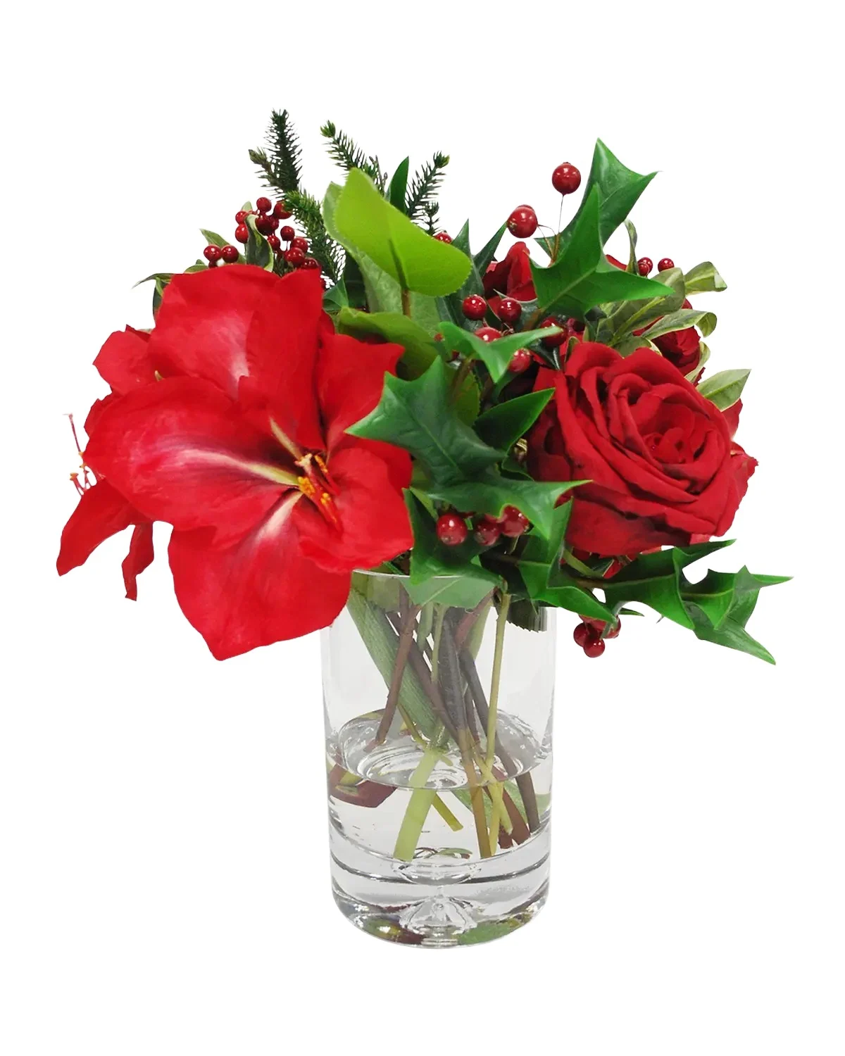 Winward Home Faux Amaryllis Rose Arrangement in Glass Vase