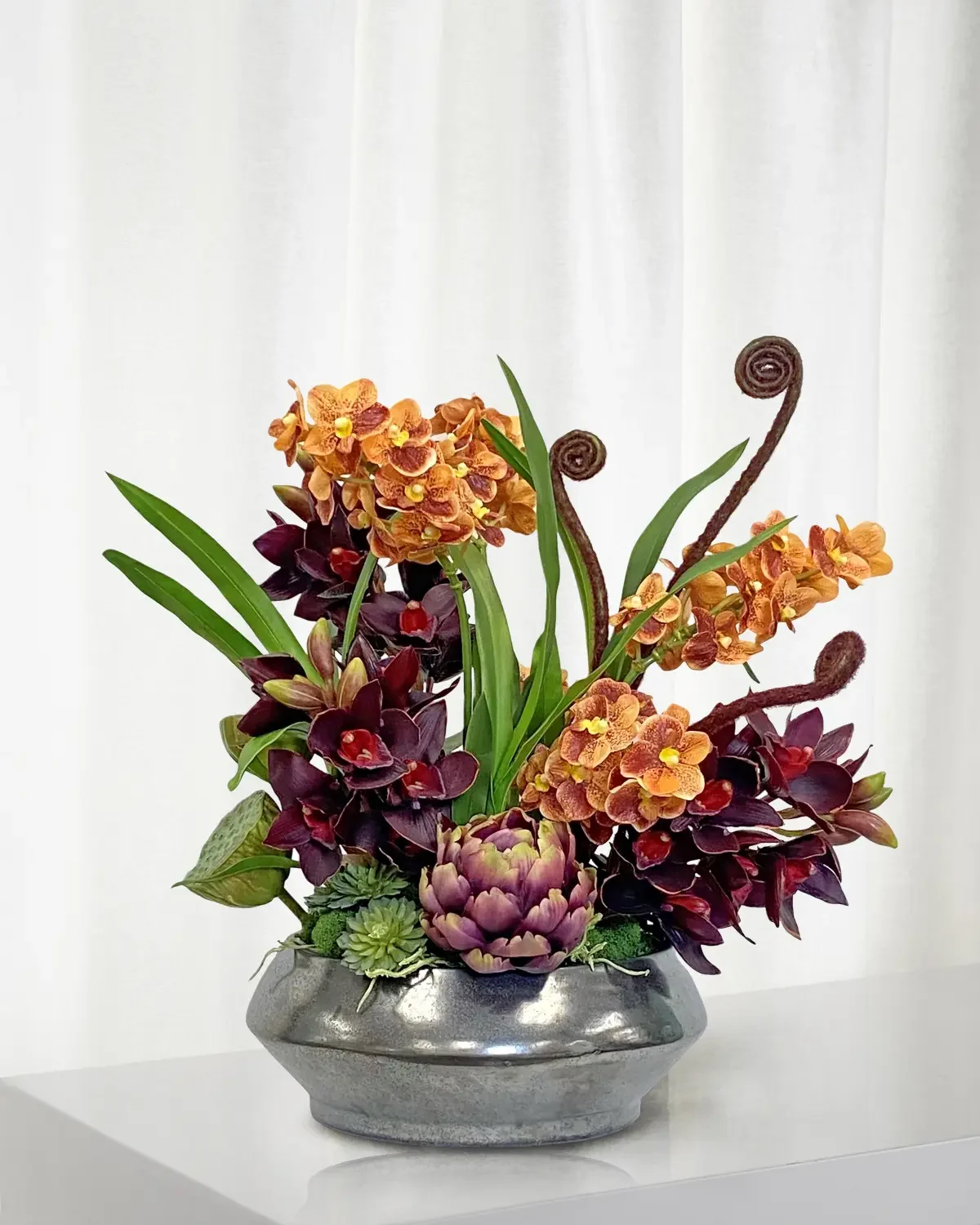 Winward Home Vanda Cymbidium 20" Faux Floral Arrangement In Terracotta Bowl