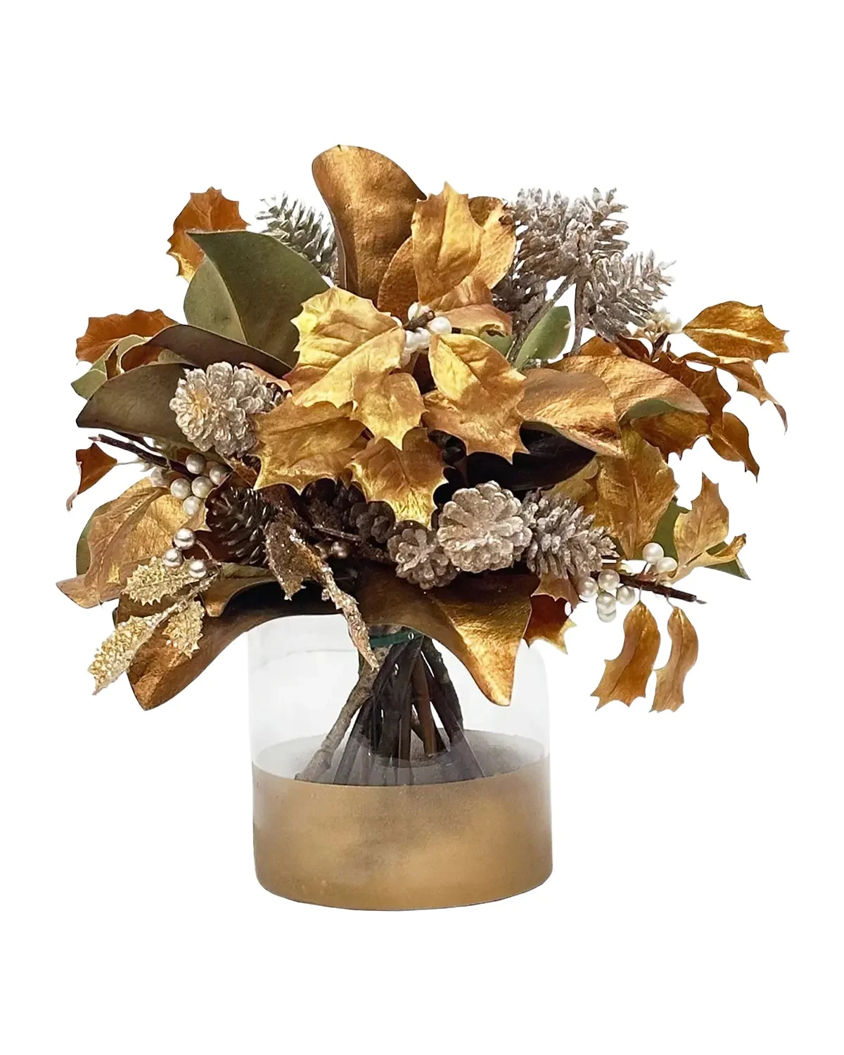 Winward Home Pine Holly 12" Faux Floral Arrangement in Golden Cylinder