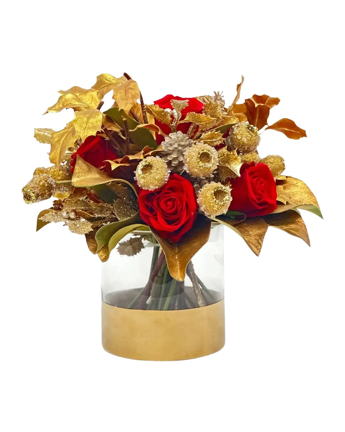 Winward Home Roses & Golden Pods 12" Faux Floral Arrangement in Glass Cylinder