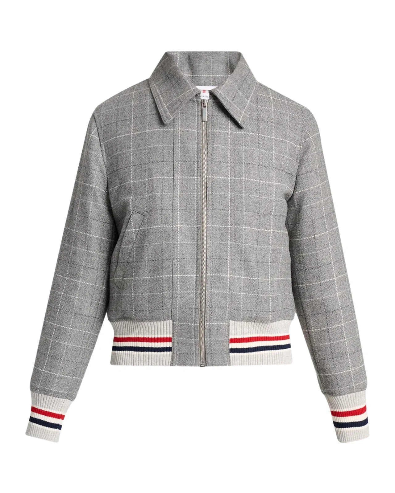 Windowpane Check Wool Zip Jacket With Stripe Trim Windowpane Check Wool Zip Jacket With Stripe Trim