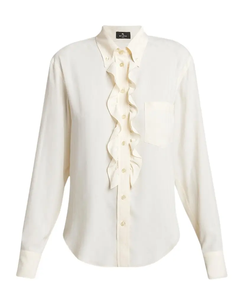 Paisley Silk Jacquard Ruffle Button-Down Shirt