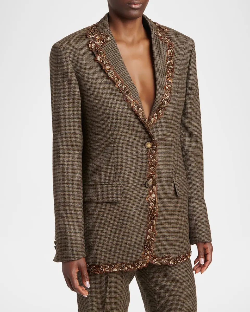 Etro Feather-Trim Houndstooth Wool Single-Breasted Jacket | Thumbnail 4 Etro Feather-Trim Houndstooth Wool Single-Breasted Jacket | Thumbnail 4
