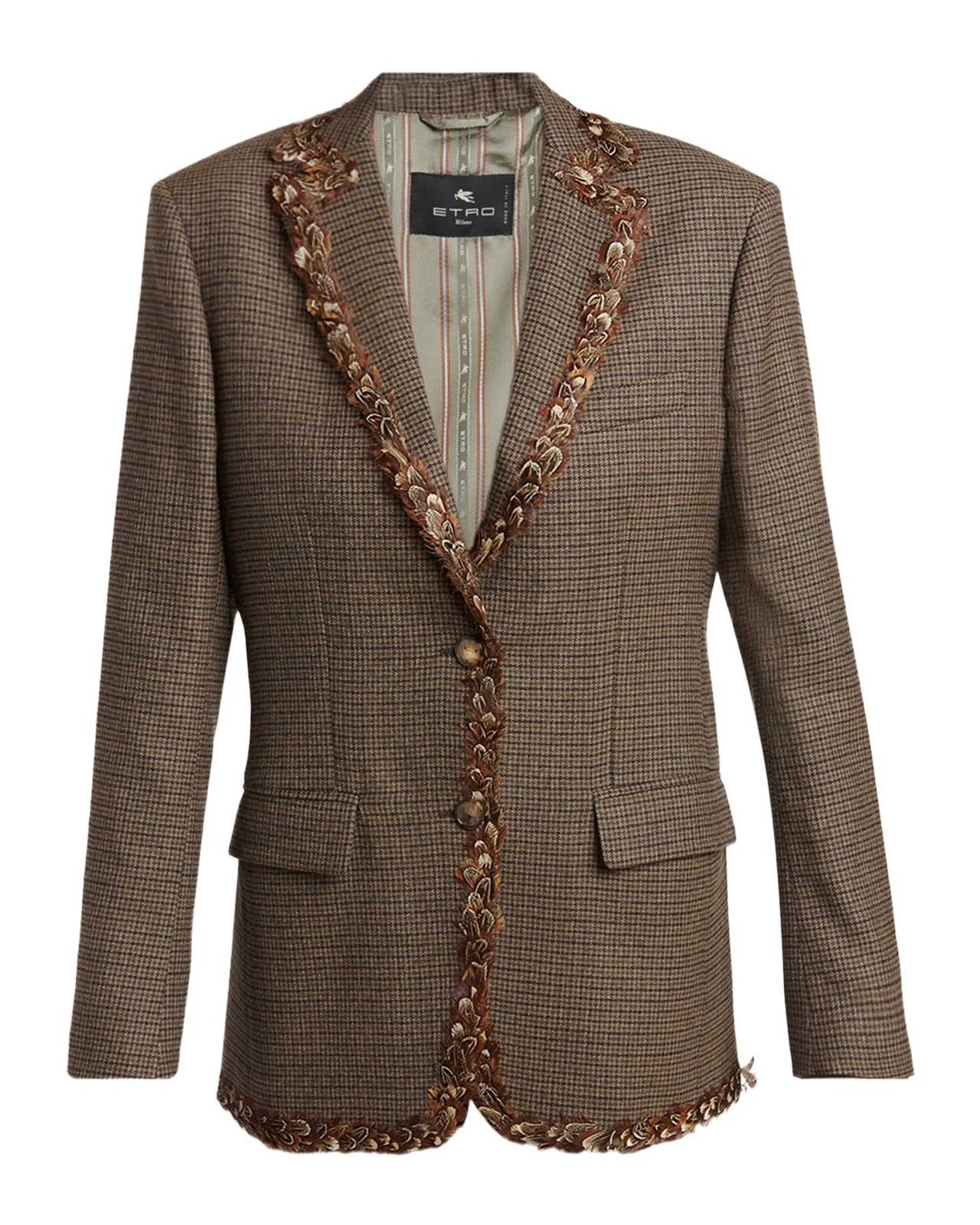 Feather-Trim Houndstooth Wool Single-Breasted Jacket