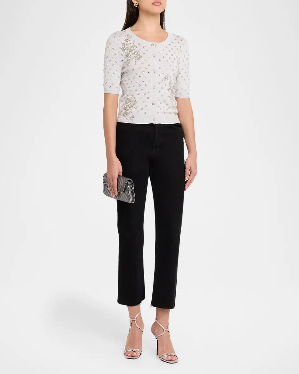 Oscar de la Renta Crystal Floral Embellished Short-Sleeve Cardigan | Thumbnail 2 Oscar de la Renta Crystal Floral Embellished Short-Sleeve Cardigan | Thumbnail 2