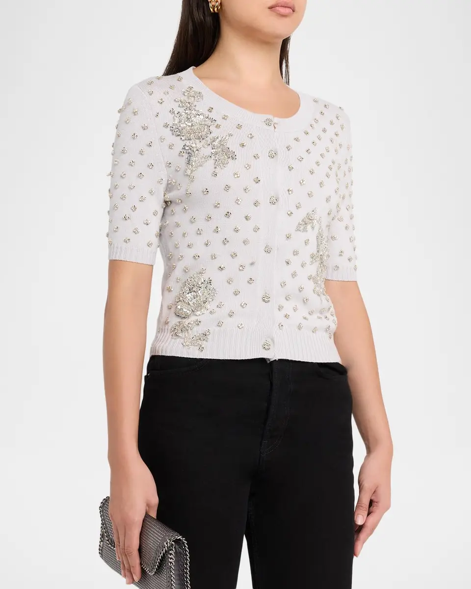 Oscar de la Renta Crystal Floral Embellished Short-Sleeve Cardigan | Thumbnail 4 Oscar de la Renta Crystal Floral Embellished Short-Sleeve Cardigan | Thumbnail 4