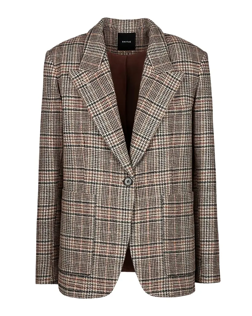 SMYTHE Patch Pocket Houndstooth Plaid Single-Breasted Blazer