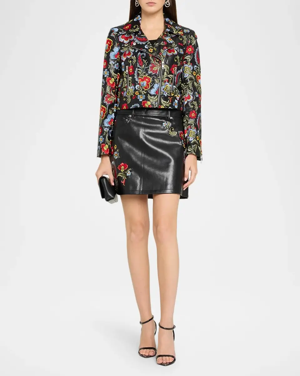 Cinq à Sept Keke Floral Embroidered Faux Leather Mini Skirt | Thumbnail 2