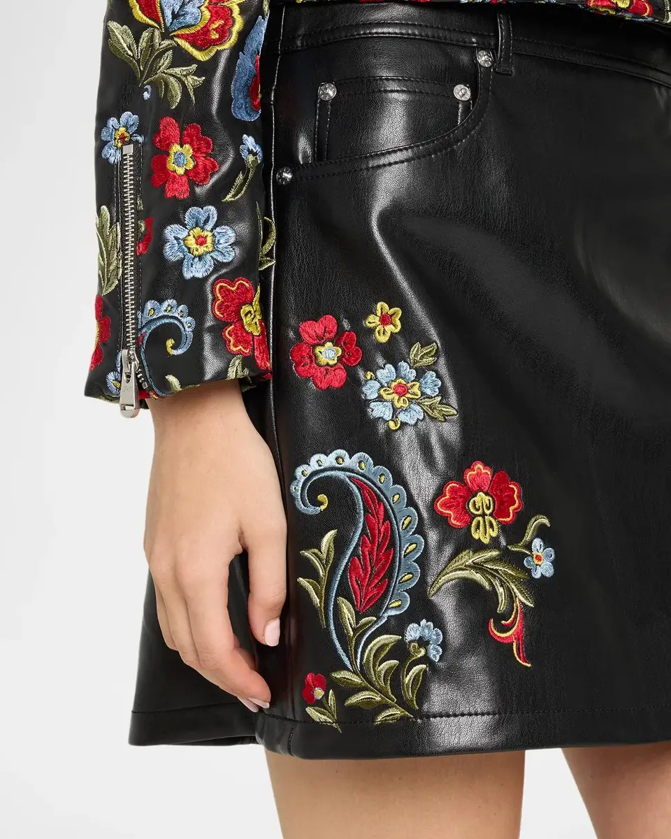 Cinq à Sept Keke Floral Embroidered Faux Leather Mini Skirt | Thumbnail 5