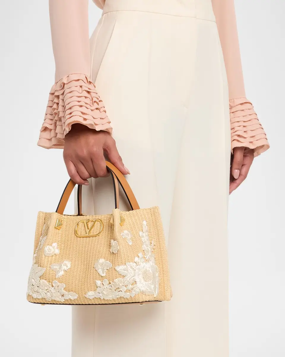 Valentino Garavani Small Floral-Embroidered Raffia Tote Bag | Thumbnail 2 Valentino Garavani Small Floral-Embroidered Raffia Tote Bag | Thumbnail 2
