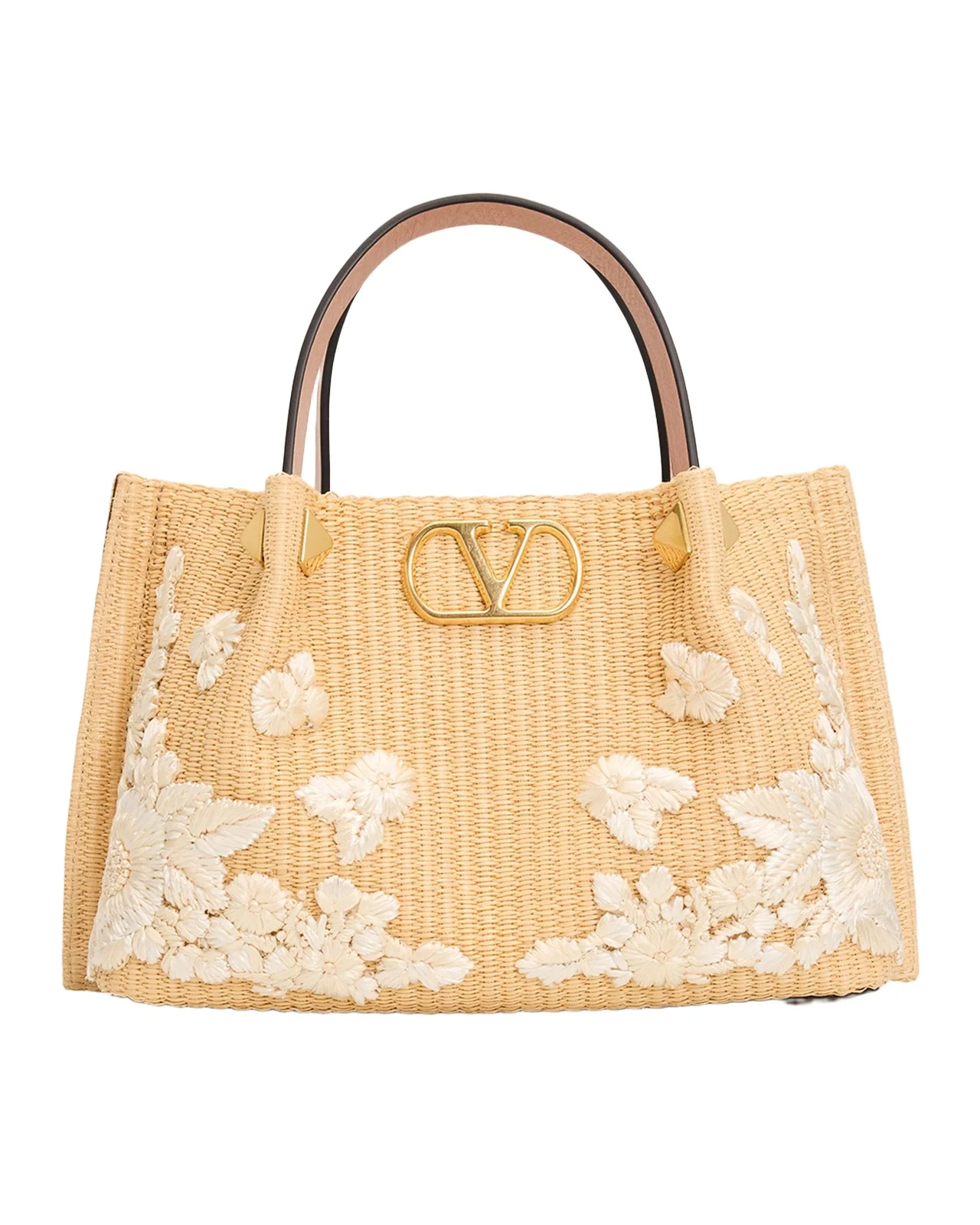 Valentino Garavani Small Floral-Embroidered Raffia Tote Bag