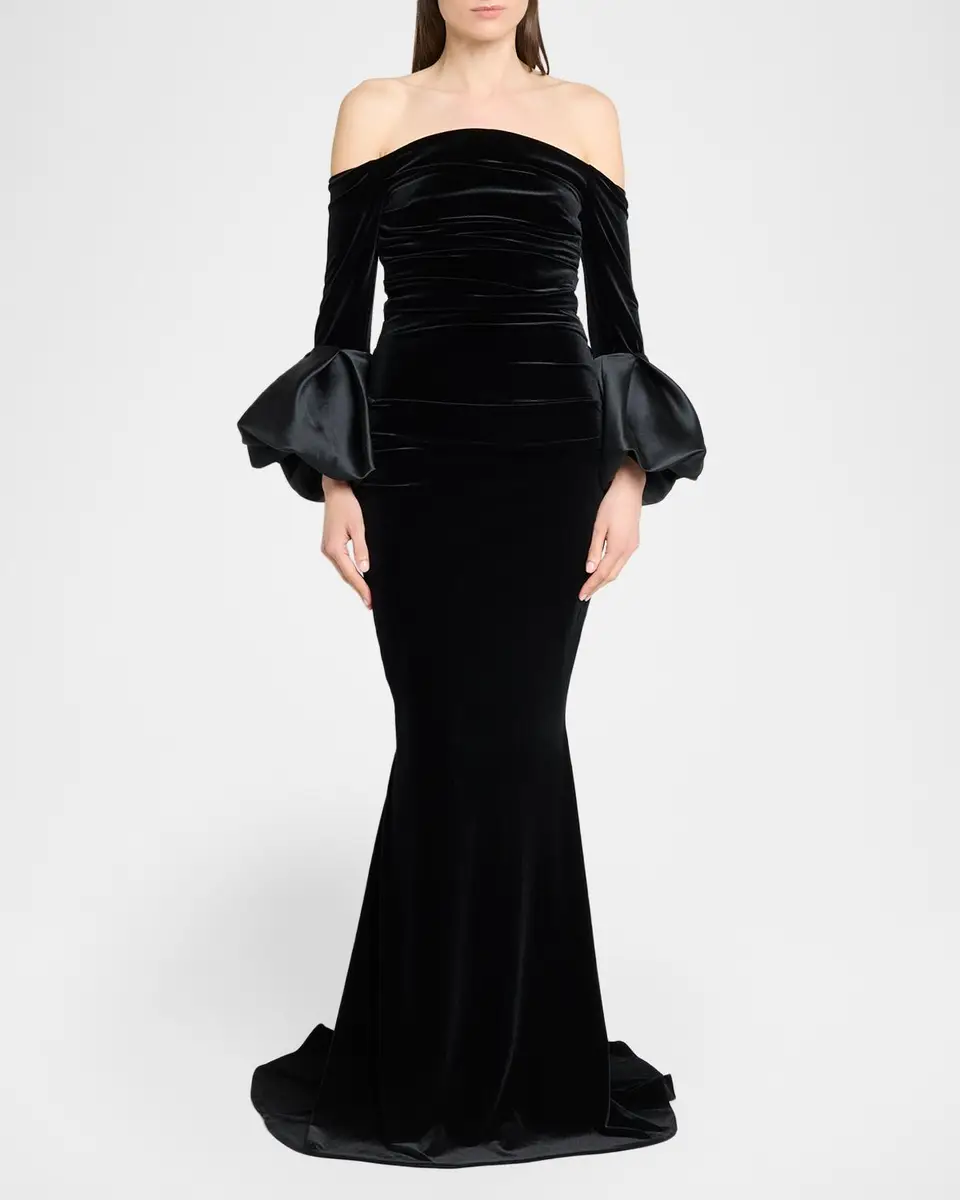 Talbot Runhof Ruffle Long-Sleeve Stretch Velvet Off-The-Shoulder Gown | Thumbnail 2 Talbot Runhof Ruffle Long-Sleeve Stretch Velvet Off-The-Shoulder Gown | Thumbnail 2