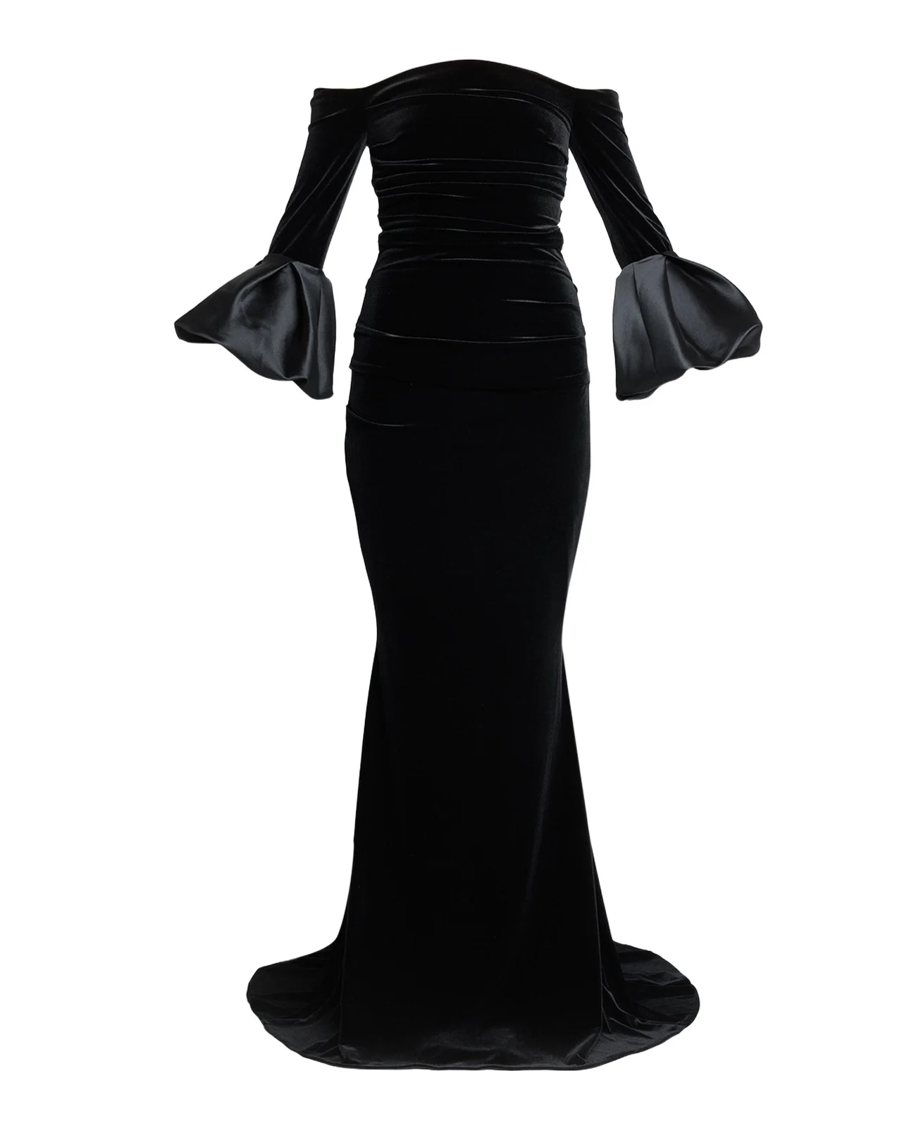 Ruffle Long-Sleeve Stretch Velvet Off-The-Shoulder Gown